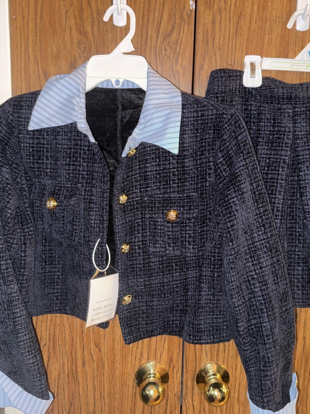 Womens Navy Blue Tweed Button-Front Jacket and skirt set( fur lined)